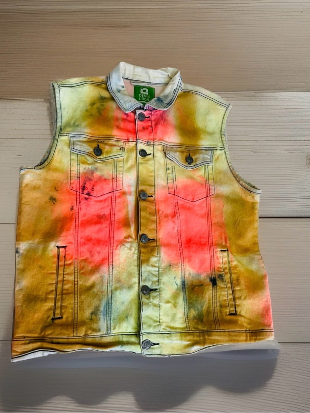 Demolition Tie-Dye Sleeveless Denim Vest - Yellow & Neon Pink A33